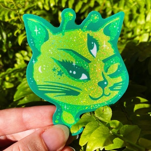 Alien Winking Cat Sticker - Glitter Sticker - 90's nostalgia - Cat Face - Felines - Occult