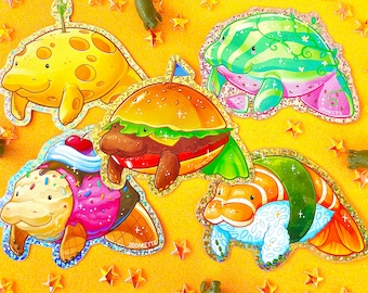 Food Manatee Glitter Stickers: Burger, Sushi, Ice Cream, Cheese, Watermelon - Waterproof