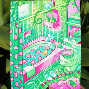 Blacklight Wassermelone Badezimmer Kunstdruck 13x16,5 cm - Wassermelone Ästhetik - Illustration - Badezimmer Design - Kawaii - Cute Art