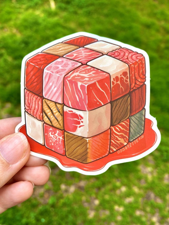 Rubeef Cube Sticker - Waterproof Vinyl Sticker - Dishwasher Safe - Meat Cube - Meat Sticker - Weird Food - Gross Aesthetic - Rubix Cube