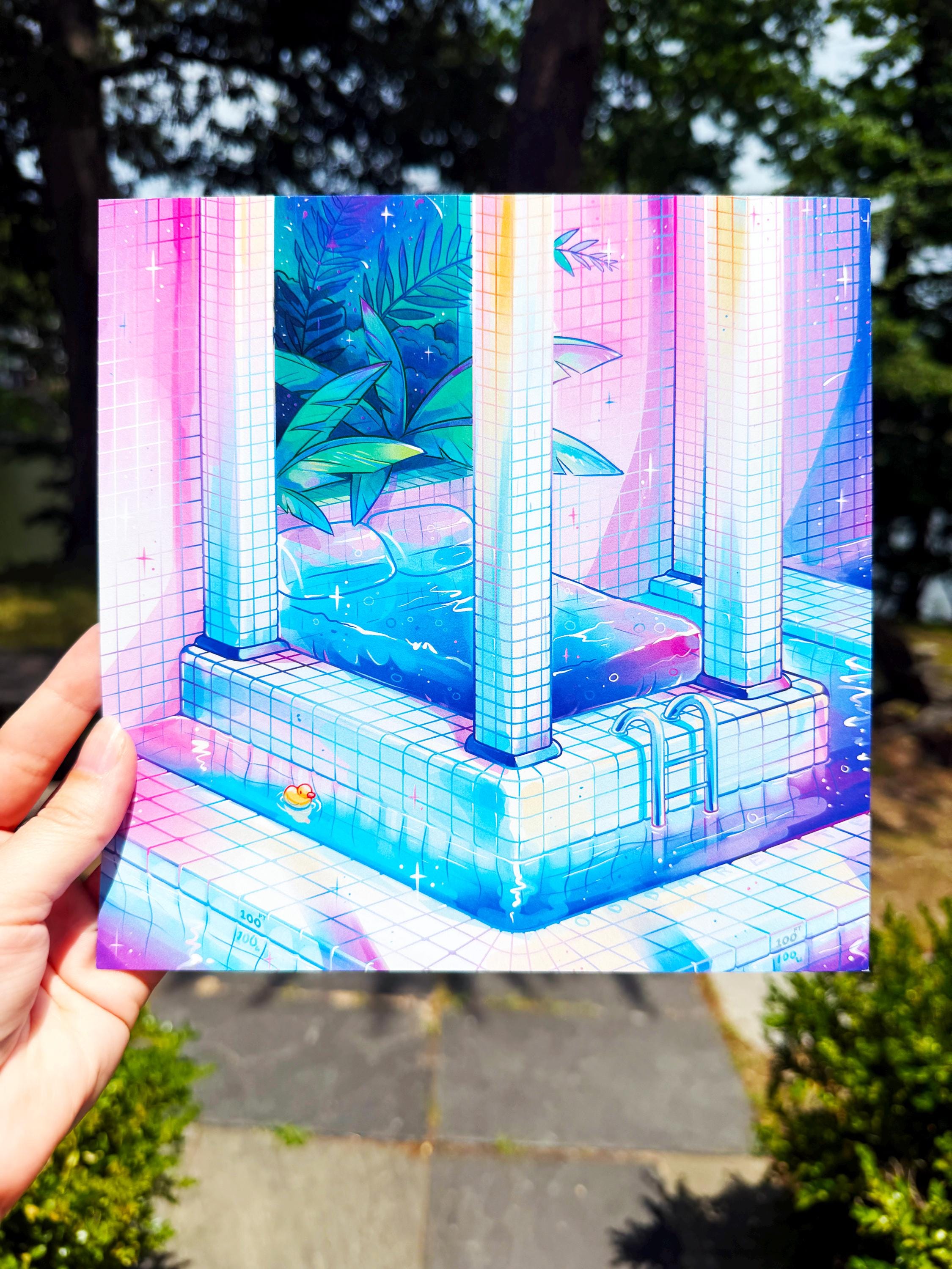 Vaporwave Pool Room Print - Water Bed Illustration - 8x8in - Etsy