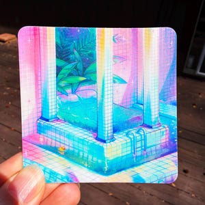 May include: A square sticker featuring a vibrant illustration of a bed placed inside a tiled swimming pool. The scene uses a gradient of pink, blue, and purple hues, with tall columns, lush green tropical plants, and a small yellow duck toy.