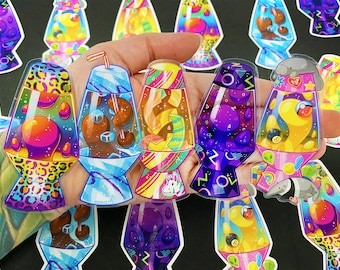 Pegatinas de lámpara de lava de los años 90 - Pegatinas transparentes - Alfombra de bolera - Diseño de taza de los años 90 - Retro - Arcoíris de neón - Vintage - Niño de los 90