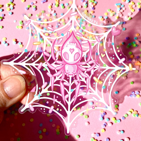Sticker araignée saupoudré - Art kawaii - Arachnide rose - Effrayant et mignon - Sticker transparent