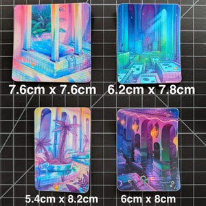 May include: Four rectangular stickers featuring vibrant, colorful illustrations of indoor swimming pools and bathhouses with neon lighting, palm trees, and tiled architecture. The stickers measure 3.0 x 3.0 inches, 2.4 x 3.1 inches, 2.1 x 3.2 inches, and 2.4 x 3.1 inches.