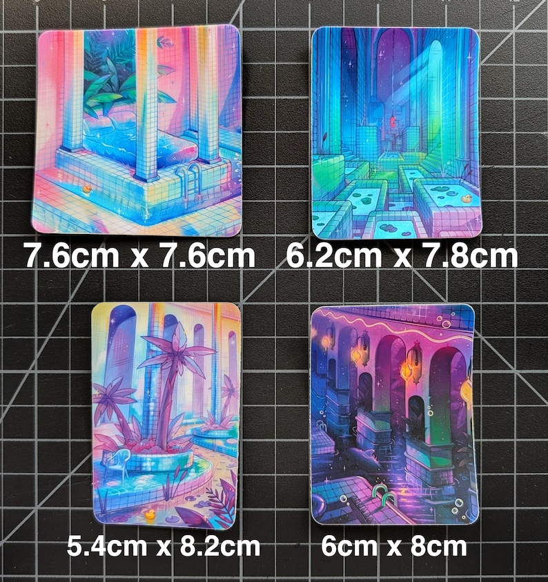May include: Four rectangular stickers featuring vibrant, colorful illustrations of indoor swimming pools and bathhouses with neon lighting, palm trees, and tiled architecture. The stickers measure 3.0 x 3.0 inches, 2.4 x 3.1 inches, 2.1 x 3.2 inches, and 2.4 x 3.1 inches.