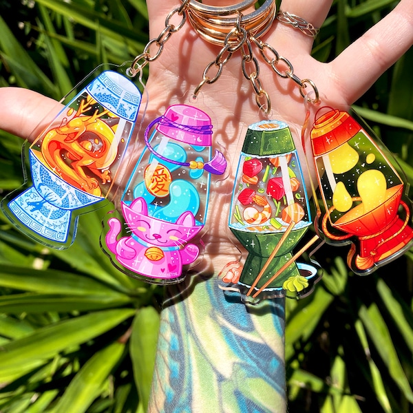 Lava Lamp Series 4 Keychains - Acrylic Keychain - Lucky Cat - Porcelain Dragon - Lunar New Year Lantern - Sushi Lava Lamp