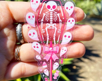 Coffin Lolly Sticker - Waterproof Vinyl Sticker - Dishwasher Safe - Pink Skeleton - Spooky Season - Halloween - Ghosts - Transparent Sticker