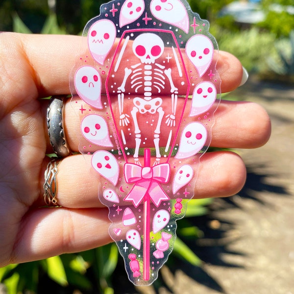 Coffin Lolly Sticker - Waterproof Vinyl Sticker - Dishwasher Safe - Pink Skeleton - Spooky Season - Halloween - Ghosts - Transparent Sticker