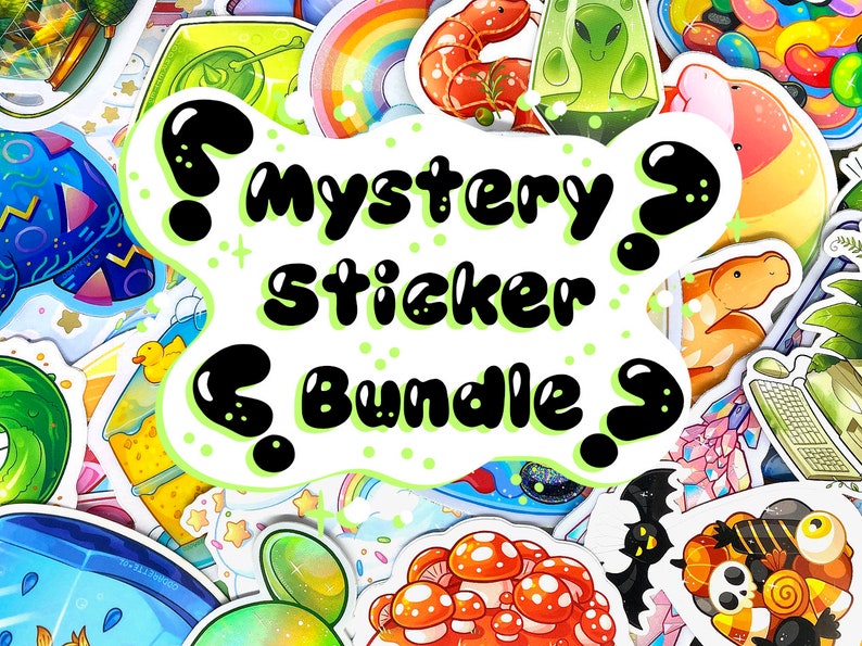 May include: A colorful assortment of stickers with various designs, including a rainbow, a shrimp, a lava lamp, a mushroom, and a cartoon character. The stickers are arranged in a random pattern and have a white background with green polka dots. The text "? mystery sticker bundle ?" is written in black letters on a white background with green polka dots.
