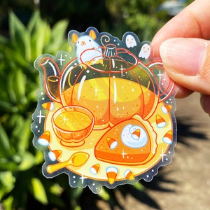 Pumpkin Teapot Sticker – White Mouse, Ghost Friends, Halloween Die Cut Sticker