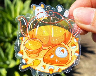 Pumpkin Teapot Sticker – White Mouse, Ghost Friends, Halloween Die Cut Sticker