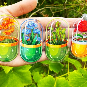 Botany Pills Stickers - Transparent Stickers - Terrariums - Forget Me Not - California Poppy - Venus Flytrap - Red Rose Fairytale - Plants