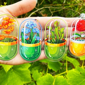 Botany Pills Stickers - Transparent Stickers - Terrariums - Forget Me Not - California Poppy - Venus Flytrap - Red Rose Fairytale - Plants