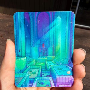 May include: A rectangular sticker featuring a vibrant, digital illustration of a tiled indoor pool area with blue, purple, and green gradients. The scene includes multiple square pools with lily pads, a small yellow rubber duck, and a red telephone.
