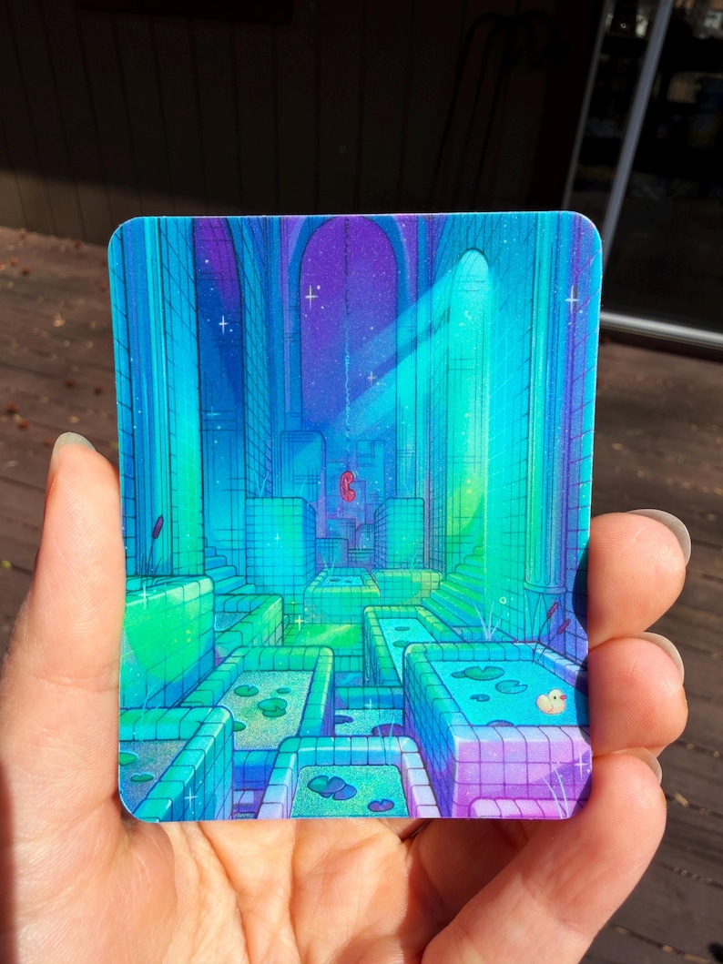 May include: A rectangular sticker featuring a vibrant, digital illustration of a tiled indoor pool area with blue, purple, and green gradients. The scene includes multiple square pools with lily pads, a small yellow rubber duck, and a red telephone.