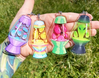 Lava Lamp Keychains - Acrylic Keychain - Waterproof - Retro Nostalgia - Happy Face - Alien - Grubs - Watermelon