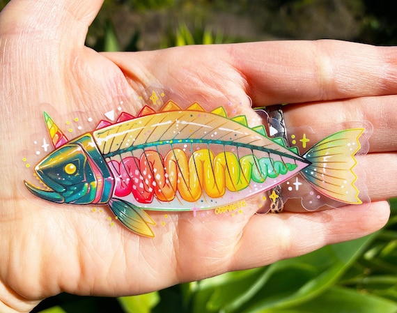 Rainbow Unicorn Fish Sticker: Transparent Waterproof Art
