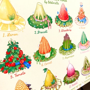May include: An illustrated artwork titled "Garden Witch Hats by Oddarette" presents twelve creatively designed witch hats. Each hat is styled after a different fruit or vegetable, such as a lemon, broccoli, strawberry, orange, tomato, carrot, asparagus, watermelon, pear, radish, and corn.