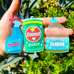 Frosted Acrylic Cleaning Supply Keychain: Windex, Comet, Clorox