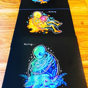 May include: Three black and white illustrations of skeletons in different poses. The first skeleton is in a bathtub with a flame above it and the text "Resting..." The second skeleton is sitting on a cloud with stars and the text "...Wondering". The third skeleton is sitting with its arms wrapped around itself and the text "Waiting..."