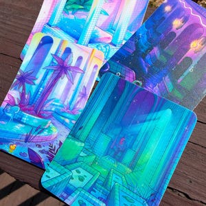 May include: Four rectangular stickers featuring vibrant, colorful illustrations of indoor pool environments. The designs showcase tiled pools, palm trees, and small yellow rubber ducks in shades of neon pink, purple, blue, and green with grid patterns.