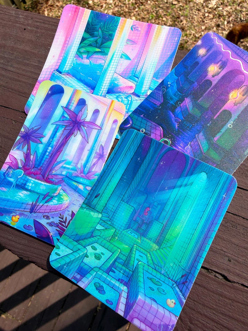 May include: Four rectangular stickers featuring vibrant, colorful illustrations of indoor pool environments. The designs showcase tiled pools, palm trees, and small yellow rubber ducks in shades of neon pink, purple, blue, and green with grid patterns.