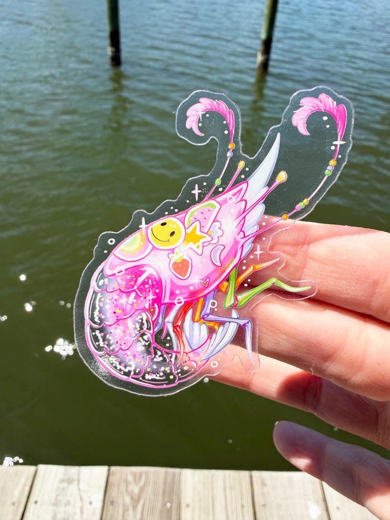 K&ouml;nnte beinhalten: Ein klarer Aufkleber mit einem rosa, garnelenartigen Wesen mit einem l&auml;chelnden Gesicht, einem Stern und einer Erdbeere. Das Design umfasst wei&szlig;e Fl&uuml;gel, Regenbogenakzente und rosa Federdetails. Der Aufkleber wird vor einem Wasserhintergrund gehalten.