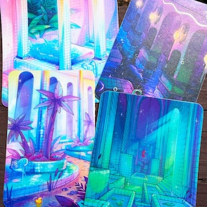 May include: Four art prints featuring vibrant, surreal illustrations of architectural scenes with pools and palm trees. The color palette includes shades of blue, purple, and pink, creating a dreamlike aesthetic. Each print showcases unique details.