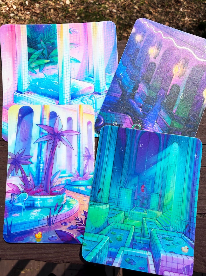 May include: Four rectangular art prints featuring vibrant, colorful illustrations of indoor swimming pools and tiled bath areas. The designs showcase neon-toned water, architectural columns, tropical plants, and small yellow rubber ducks.