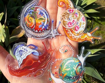 Pegatinas de caracoles de té - Troqueladas transparentes e impermeables