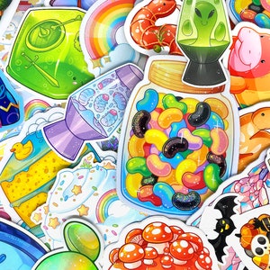 May include: A collection of colorful stickers featuring various designs, including a rainbow, a jar of jelly beans, a cake, a lava lamp, and a mushroom. The stickers are perfect for adding a touch of whimsy to laptops, water bottles, or journals.