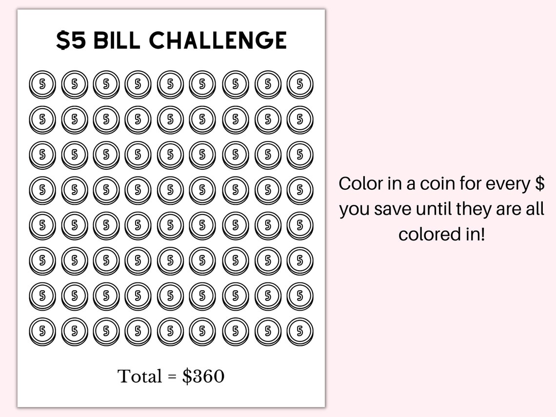 5 Dollar Bill Challenge Printable Savings Challenge Savings