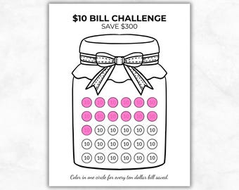 Ten Dollar Bill Savings Challenge Printable Save 300 Dollars Cash Envelope Budget Tracker PDF US Letter A4 A5 Instant Download