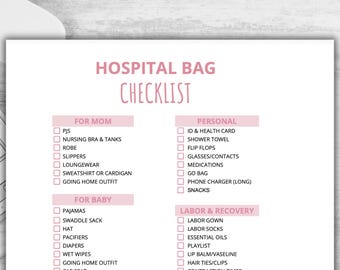 First Time Mom Hospital Bag Checklist Printable Pink, Hospital Bag Essentials, Birth Bag Packing List, Pregnancy Planning Checklist