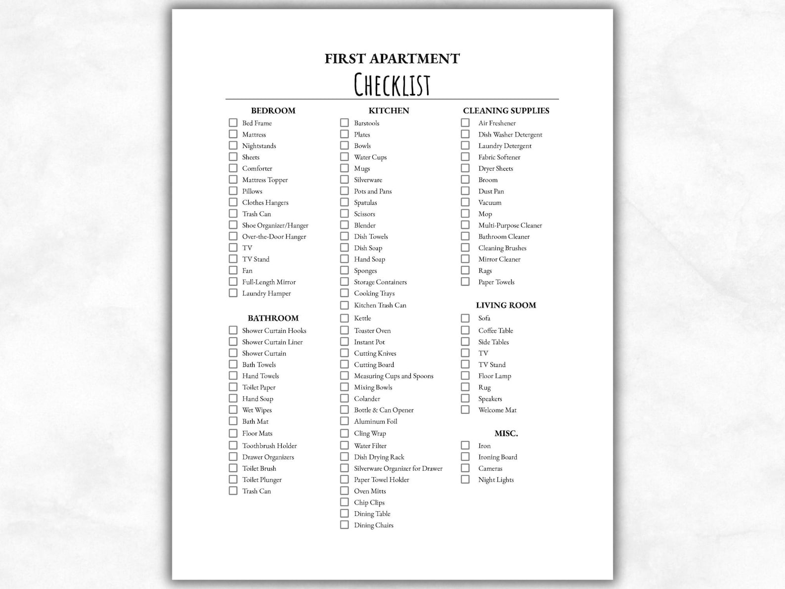 First Apartment Checklist Printable, New Apartment Essentials List ...