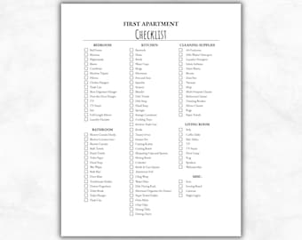 Lista de verificación imprimible para el primer apartamento, lista de elementos esenciales para un apartamento nuevo, planificador de mudanza, guía de organización del hogar, lista de compras para el apartamento (PDF)