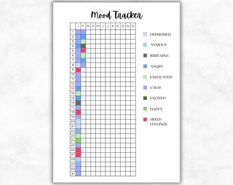 Mood Tracker, Printable Journal Page, Planner Pages, Daily Feelings Tracker, Daily Mood Tracker, Yearly Mood Tracker, Bullet Journal Pages