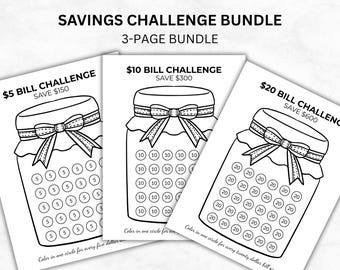 Cash Bill Savings Challenge Bundle, Printable Five Ten Twenty Dollar Tracker, Budget Tracker PDF, US Letter, A4, A5, Instant Download