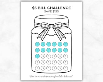 Five Dollar Bill Savings Challenge Printable Save 150 Dollars Cash Envelope Budget Tracker PDF US Letter A4 A5 Instant Download