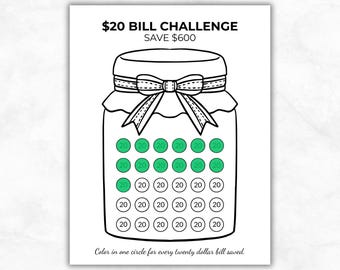 Twenty Dollar Bill Savings Challenge Printable Save 600 Dollars Cash Envelope Budget Tracker PDF US Letter A4 A5 Instant Download