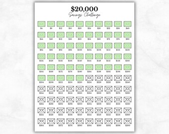20000 Dollar Envelope Savings Challenge Printable 100 Envelope Money Challenge PDF US Letter Cash Stuffing Budget Tracker