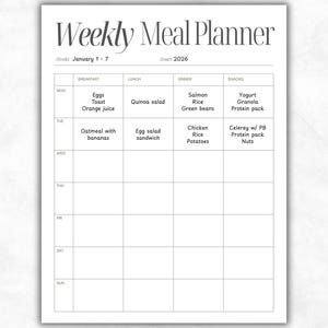Weekly Meal Planner Printable PDF, Breakfast Lunch Dinner Tracker, Family Meal Planning Sheet, Minimal Food Log, Planner Meal Planning Page