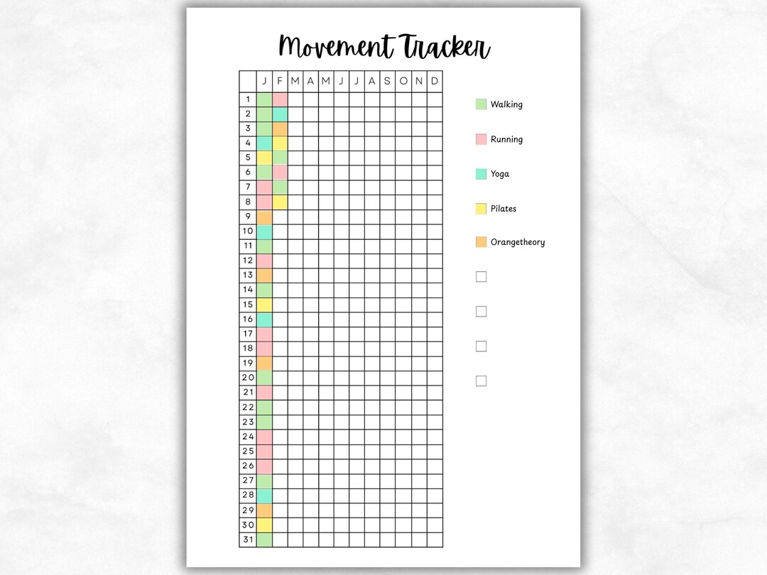 Movement Tracker, Printable Journal Page, Yearly Fitness Tracker ...