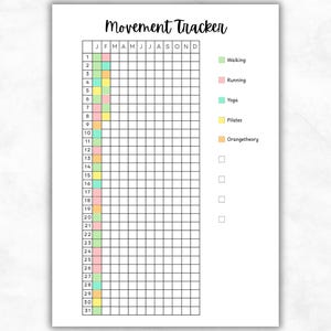 May include: A white Movement Tracker printable with a grid for tracking daily activities. The title "Movement Tracker" is in a handwritten font. The tracker includes color-coded sections for Walking, Running, Yoga, Pilates, and Orangetheory.