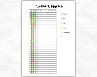 Movement Tracker, Printable Journal Page, Yearly Fitness Tracker, Exercise Tracker, Health Tracker, Workout Tracker, Activity Log Monthly