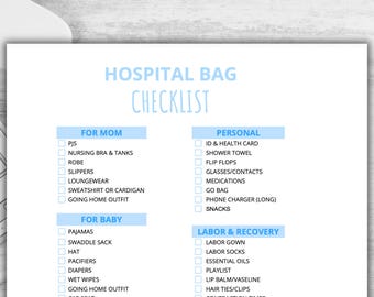 Mom Hospital Bag Checklist Printable Blue, Hospital Bag Essentials, Birth Bag Packing List, Go Bag Checklist, Pregnancy Checklist