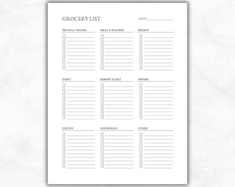 Grocery List Printable Template, Grocery Planner, Food Shopping List, Categorized Shopping List, Minimal Planner Pages, Printable PDF