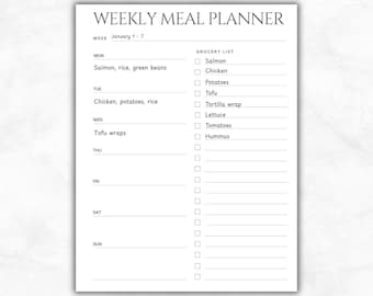 Weekly Meal Planner Printable, Grocery List Planner, Minimal Meal Plan Sheet, A4 A5 US Letter, Kitchen Organization Printable, Planner Sheet