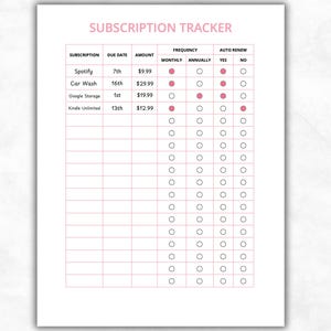 Subscription Tracker Template, Monthly Bill Tracker PDF, Auto Renew Log, Minimal Pink Budget Planner Insert, Bullet Journal Inserts